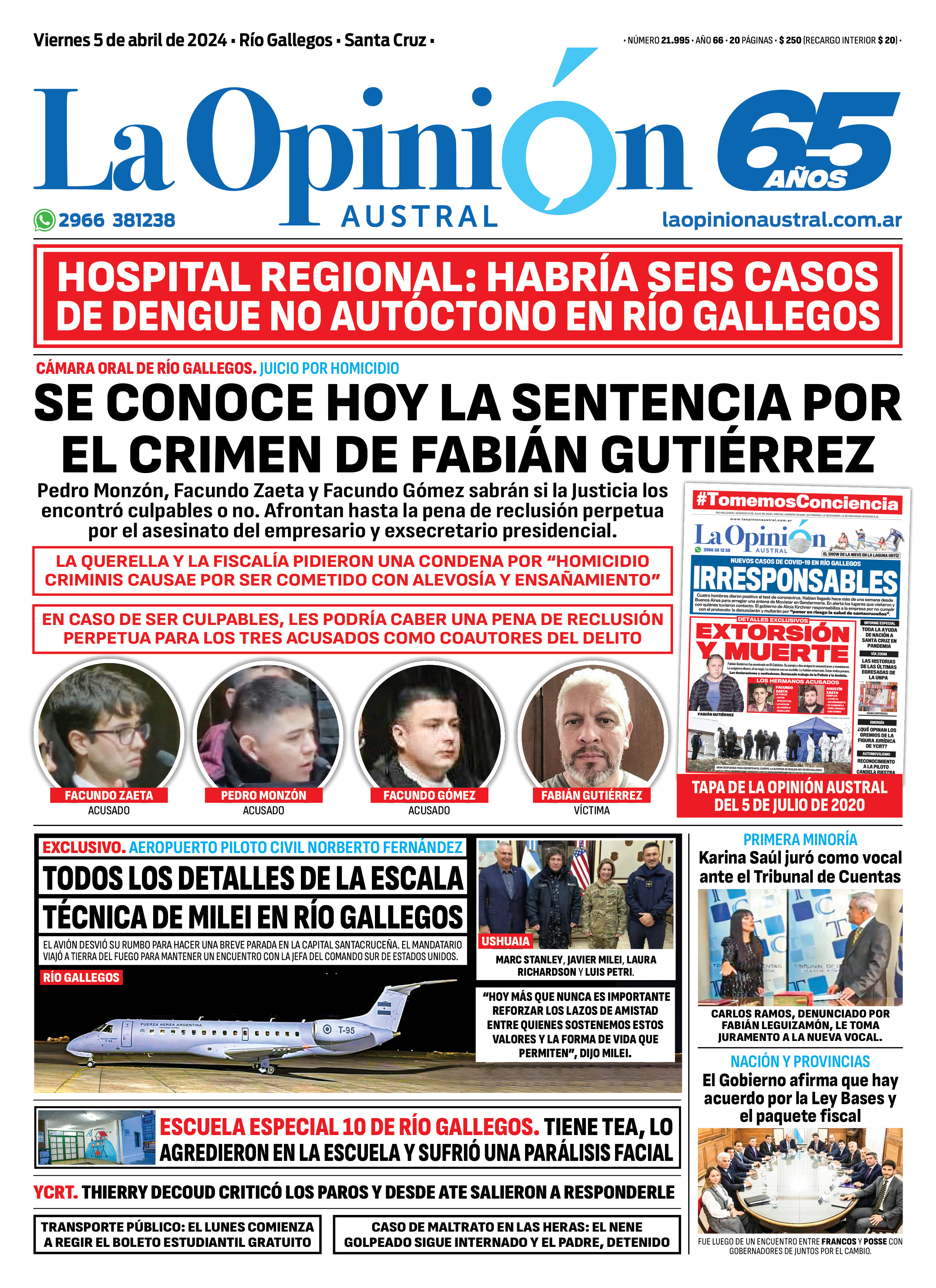 Diario La Opinión Austral tapa edición impresa del viernes 5 de abril de 2024, Río Gallegos, Santa Cruz, Argentina