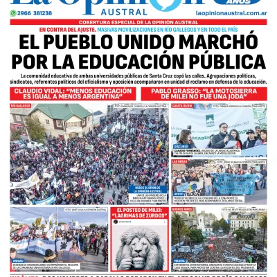 Diario La Opinión Austral tapa edición impresa del miércoles 24 de abril de 2024, Río Gallegos, Santa Cruz, Argentina