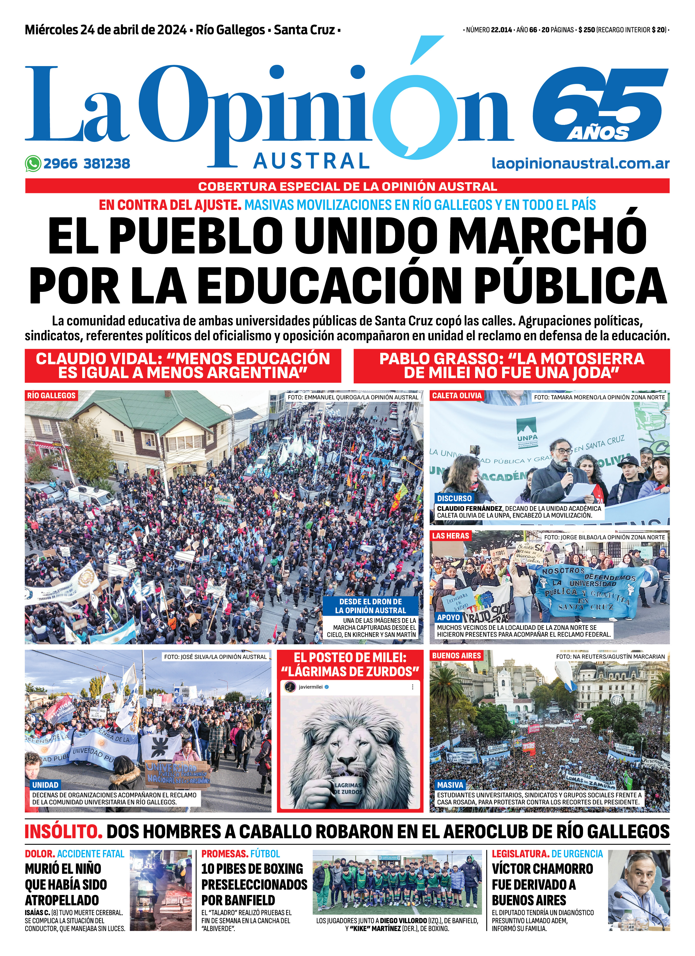 Diario La Opinión Austral tapa edición impresa del miércoles 24 de abril de 2024, Río Gallegos, Santa Cruz, Argentina