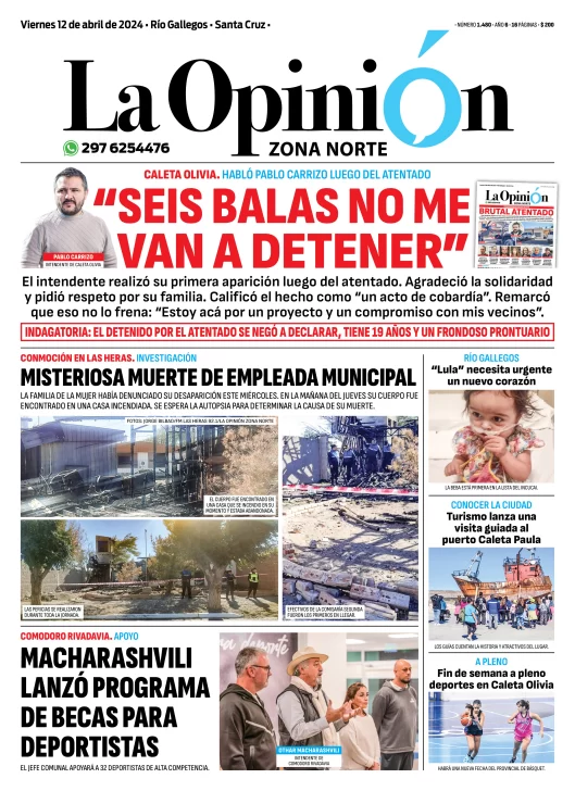 Diario La Opinión Zona Norte tapa edición impresa del viernes 12 de abril de 2024, Caleta Olivia, Santa Cruz, Argentina