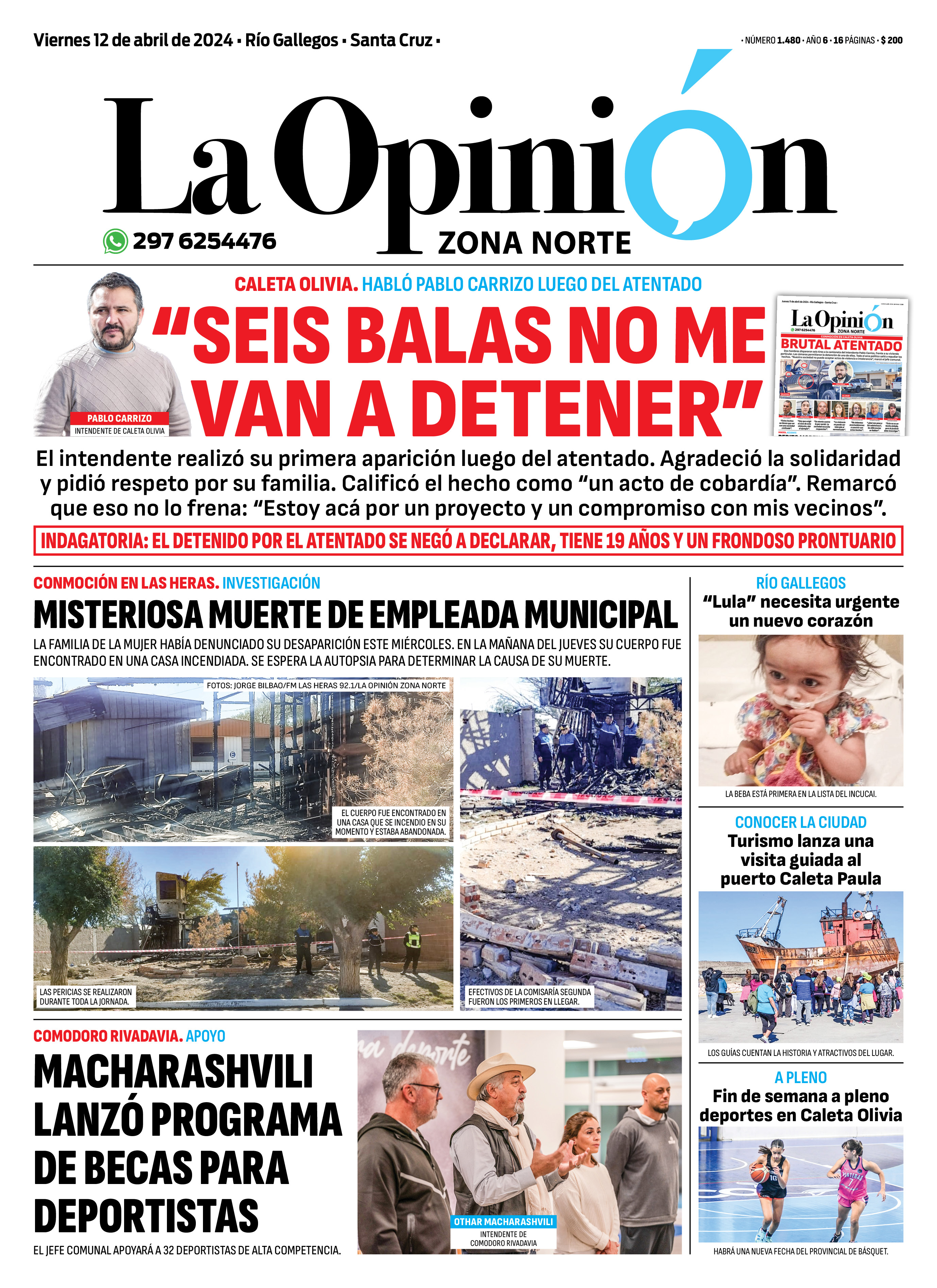Diario La Opinión Zona Norte tapa edición impresa del viernes 12 de abril de 2024, Caleta Olivia, Santa Cruz, Argentina Diario La Opinión Zona Norte tapa edición impresa del viernes 12 de abril de 2024, Caleta Olivia, Santa Cruz, Argentina