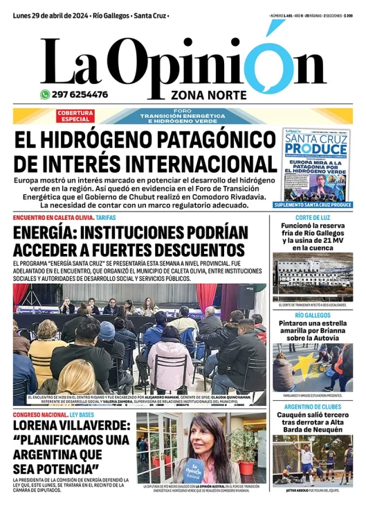 Diario La Opinión Zona Norte tapa edición impresa del lunes 29 abril de 2024, Caleta Olivia, Santa Cruz, Argentina