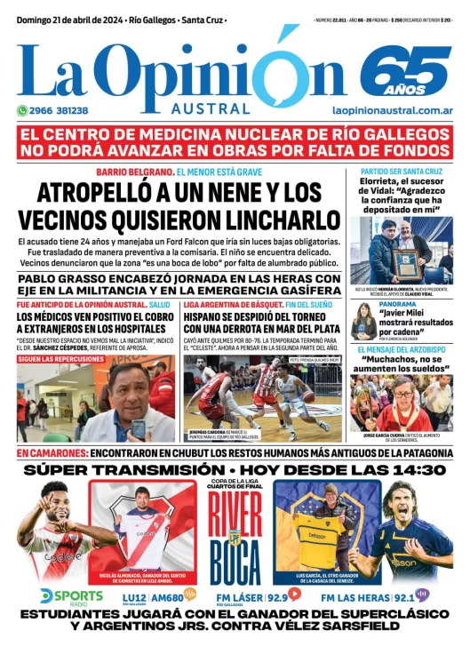 Diario La Opinión Austral tapa edición impresa del domingo 21 de abril de 2024, Río Gallegos, Santa Cruz, Argentina