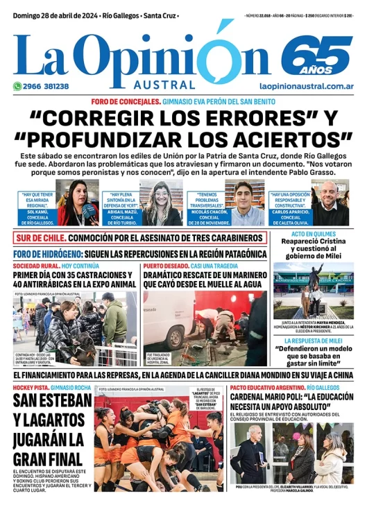 Diario La Opinión Austral tapa edición impresa del domingo 28 de abril de 2024, Río Gallegos, Santa Cruz, Argentina