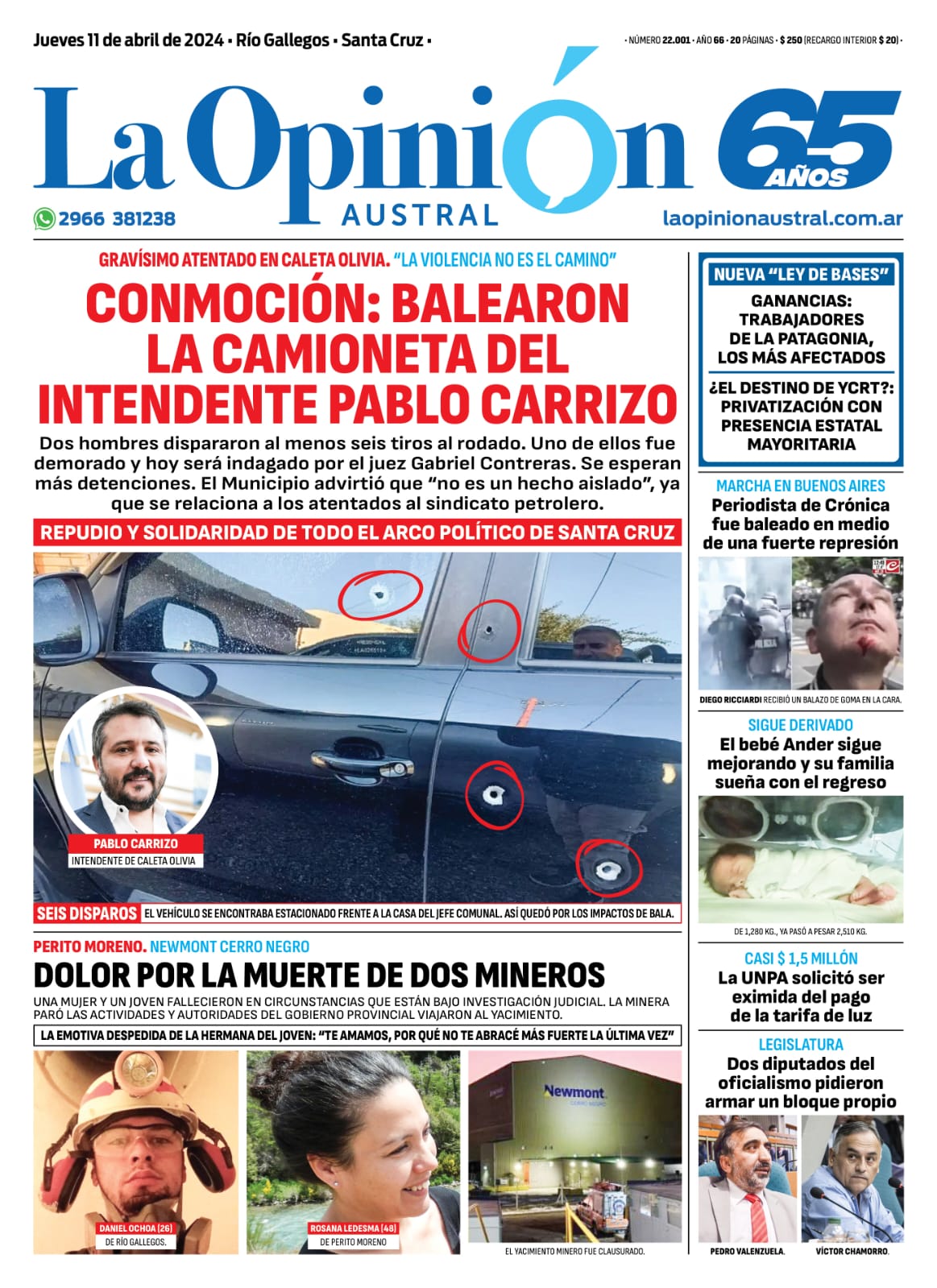 Diario La Opinión Austral tapa edición impresa del jueves 11 de abril de 2024, Río Gallegos, Santa Cruz, Argentina