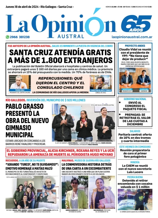 Diario La Opinión Austral tapa edición impresa del jueves 18 de abril de 2024, Río Gallegos, Santa Cruz, Argentina