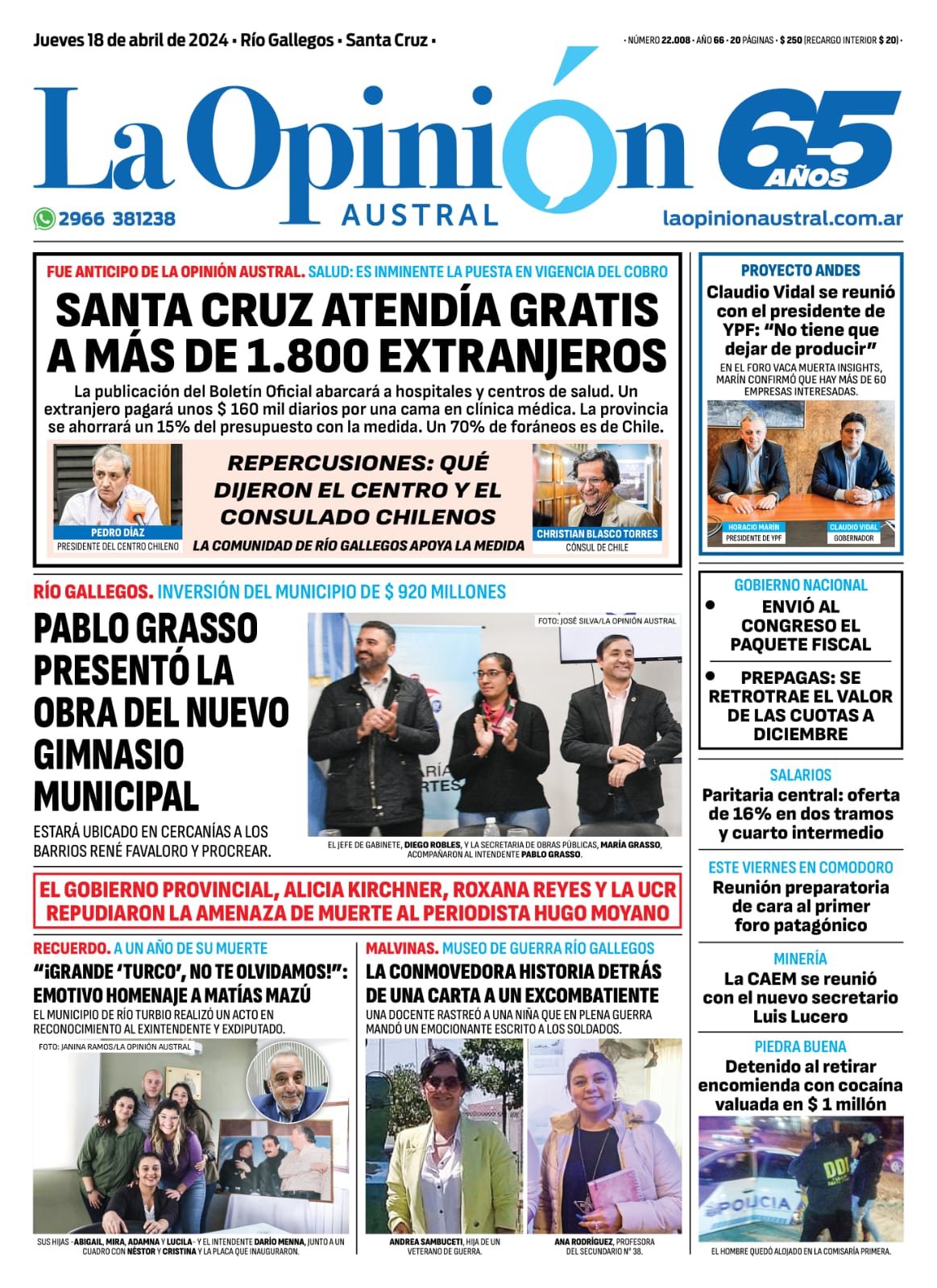 Diario La Opinión Austral tapa edición impresa del jueves 18 de abril de 2024, Río Gallegos, Santa Cruz, Argentina Diario La Opinión Austral tapa edición impresa del jueves 18 de abril de 2024, Río Gallegos, Santa Cruz, Argentina