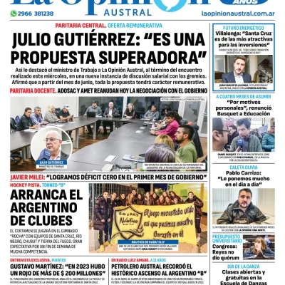 Diario La Opinión Austral tapa edición impresa del jueves 25 de abril de 2024, Río Gallegos, Santa Cruz, Argentina
