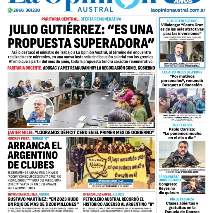 Diario La Opinión Austral tapa edición impresa del jueves 25 de abril de 2024, Río Gallegos, Santa Cruz, Argentina Diario La Opinión Austral tapa edición impresa del jueves 25 de abril de 2024, Río Gallegos, Santa Cruz, Argentina