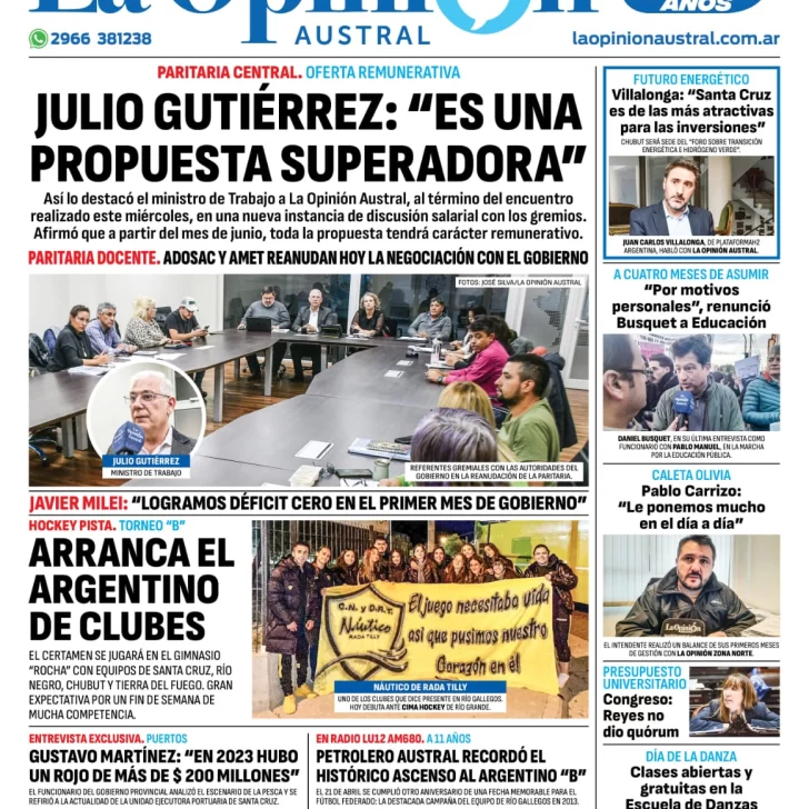 Diario La Opinión Austral tapa edición impresa del jueves 25 de abril de 2024, Río Gallegos, Santa Cruz, Argentina