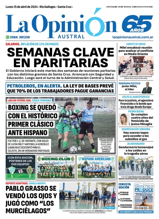 Diario La Opinión Austral tapa edición impresa del lunes 15 de abril de 2024, Río Gallegos, Santa Cruz, Argentina