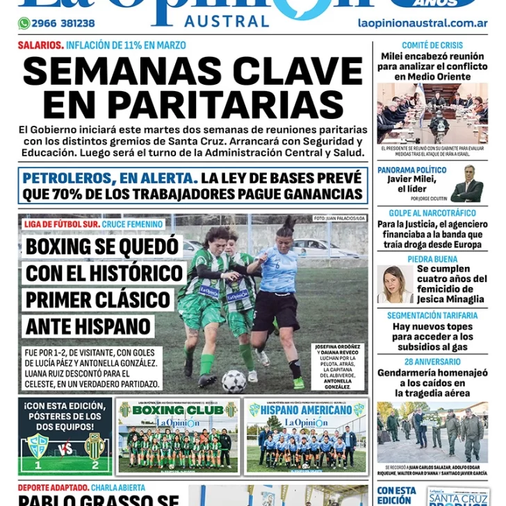 Diario La Opinión Austral tapa edición impresa del lunes 15 de abril de 2024, Río Gallegos, Santa Cruz, Argentina