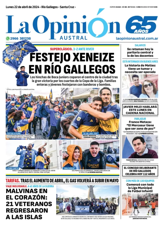 Diario La Opinión Austral tapa edición impresa del lunes 22 de abril de 2024, Río Gallegos, Santa Cruz, Argentina