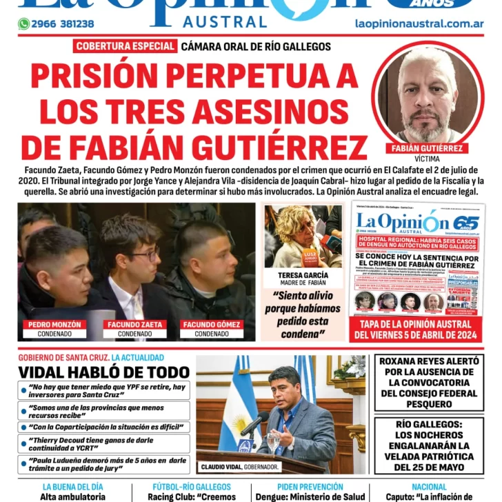 Diario La Opinión Austral tapa edición impresa del sábado 6 de abril de 2024, Río Gallegos, Santa Cruz, Argentina