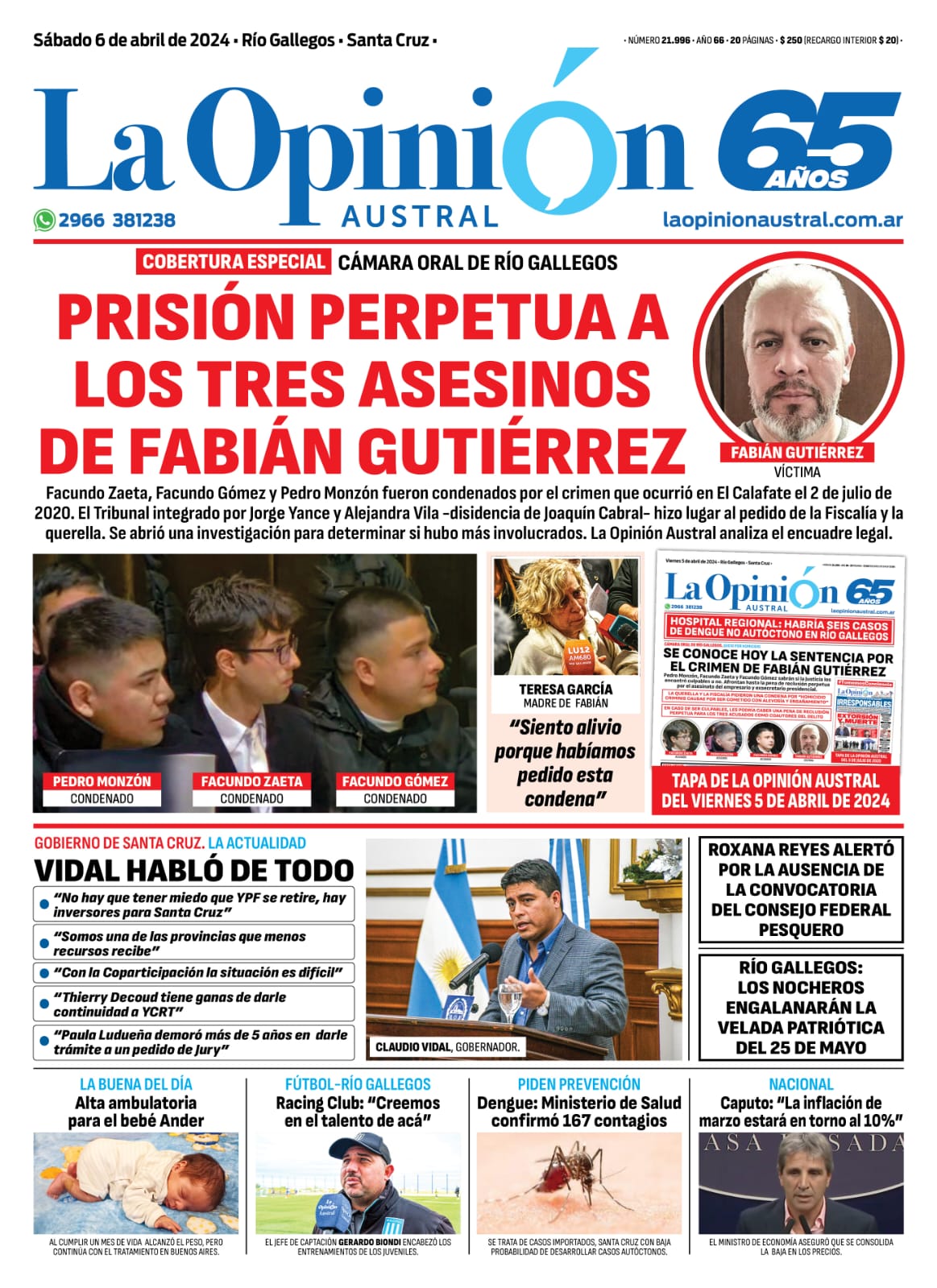 Diario La Opinión Austral tapa edición impresa del sábado 6 de abril de 2024, Río Gallegos, Santa Cruz, Argentina