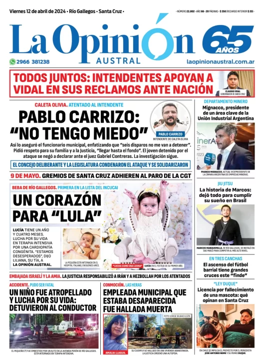 Diario La Opinión Austral tapa edición impresa del viernes 12 de abril de 2024, Río Gallegos, Santa Cruz, Argentina