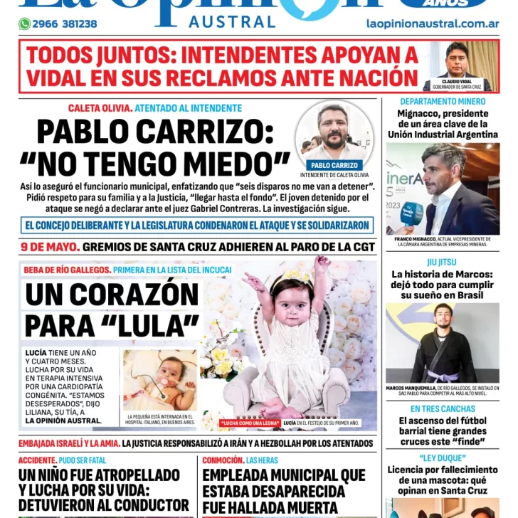 Diario La Opinión Austral tapa edición impresa del viernes 12 de abril de 2024, Río Gallegos, Santa Cruz, Argentina