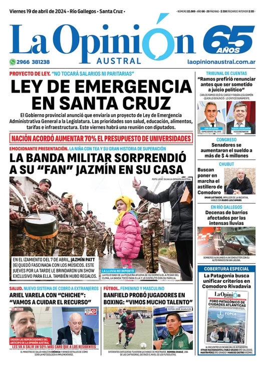 Diario La Opinión Austral tapa edición impresa del viernes 19 de abril de 2024, Río Gallegos, Santa Cruz, Argentina
