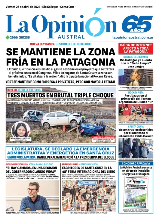 Diario La Opinión Austral tapa edición impresa del viernes 26 de abril de 2024, Río Gallegos, Santa Cruz, Argentina