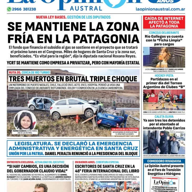 Diario La Opinión Austral tapa edición impresa del viernes 26 de abril de 2024, Río Gallegos, Santa Cruz, Argentina