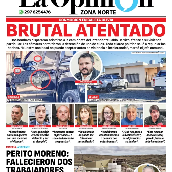 Diario La Opinión Zona Norte tapa edición impresa del jueves 11 de abril de 2024, Caleta Olivia, Santa Cruz, Argentina