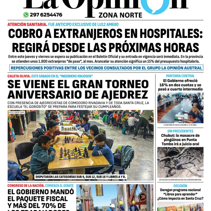 Diario La Opinión Zona Norte tapa edición impresa del jueves 18 de abril de 2024, Caleta Olivia, Santa Cruz, Argentina Diario La Opinión Zona Norte tapa edición impresa del jueves 18 de abril de 2024, Caleta Olivia, Santa Cruz, Argentina