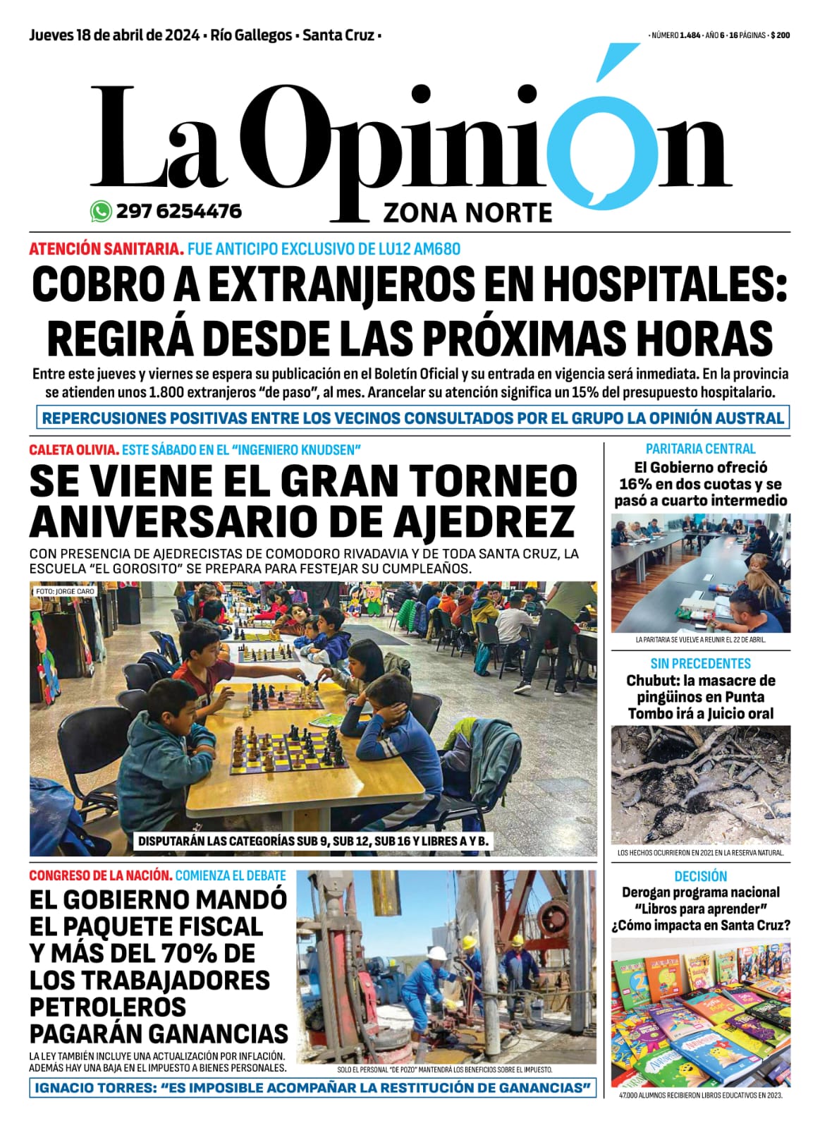 Diario La Opinión Zona Norte tapa edición impresa del jueves 18 de abril de 2024, Caleta Olivia, Santa Cruz, Argentina Diario La Opinión Zona Norte tapa edición impresa del jueves 18 de abril de 2024, Caleta Olivia, Santa Cruz, Argentina