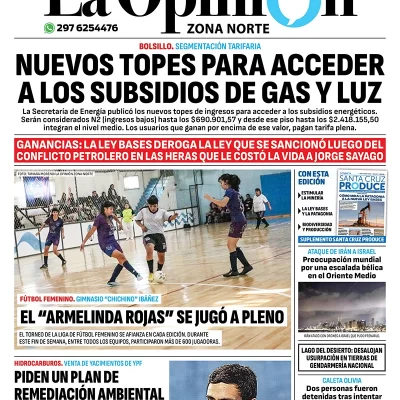 Diario La Opinión Zona Norte tapa edición impresa del lunes 15 de abril de 2024, Caleta Olivia, Santa Cruz, Argentina