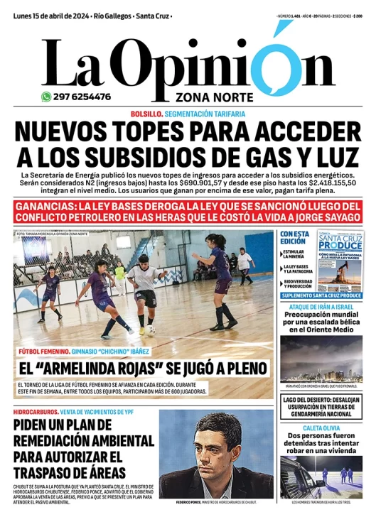 Diario La Opinión Zona Norte tapa edición impresa del lunes 15 de abril de 2024, Caleta Olivia, Santa Cruz, Argentina
