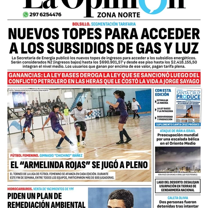 Diario La Opinión Zona Norte tapa edición impresa del lunes 15 de abril de 2024, Caleta Olivia, Santa Cruz, Argentina Diario La Opinión Zona Norte tapa edición impresa del lunes 15 de abril de 2024, Caleta Olivia, Santa Cruz, Argentina