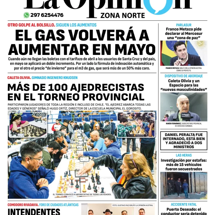 Diario La Opinión Zona Norte tapa edición impresa del lunes 22 de abril de 2024, Caleta Olivia, Santa Cruz, Argentina Diario La Opinión Zona Norte tapa edición impresa del lunes 22 de abril de 2024, Caleta Olivia, Santa Cruz, Argentina