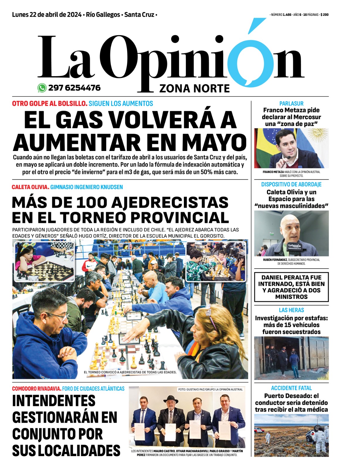 Diario La Opinión Zona Norte tapa edición impresa del lunes 22 de abril de 2024, Caleta Olivia, Santa Cruz, Argentina Diario La Opinión Zona Norte tapa edición impresa del lunes 22 de abril de 2024, Caleta Olivia, Santa Cruz, Argentina
