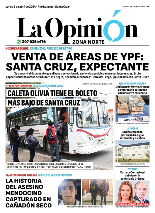 Diario La Opinión Zona Norte tapa edición impresa del lunes 8 de abril de 2024, Caleta Olivia, Santa Cruz, Argentina