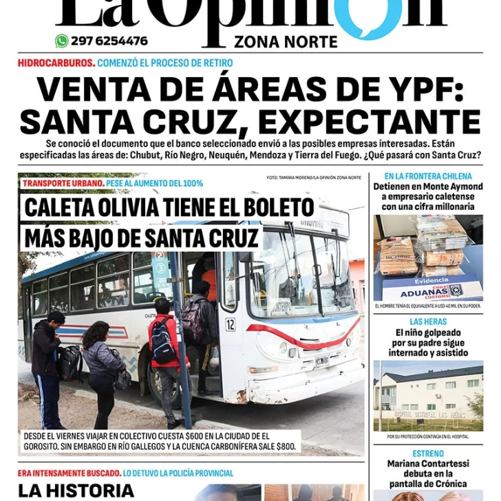 Diario La Opinión Zona Norte tapa edición impresa del lunes 8 de abril de 2024, Caleta Olivia, Santa Cruz, Argentina Diario La Opinión Zona Norte tapa edición impresa del lunes 8 de abril de 2024, Caleta Olivia, Santa Cruz, Argentina