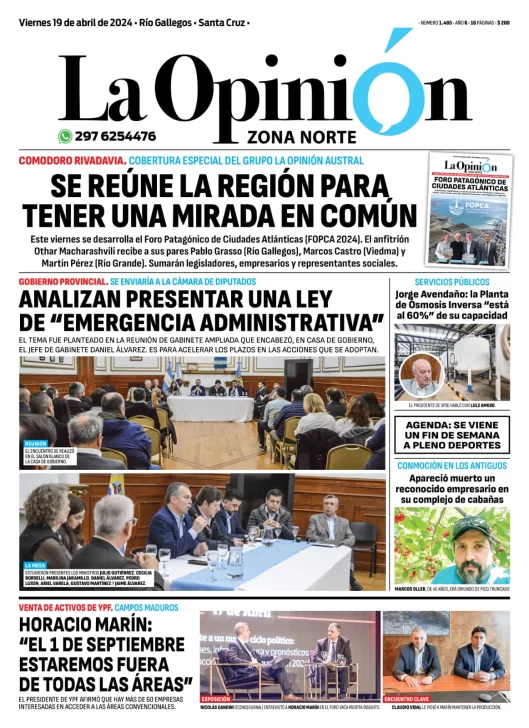 Diario La Opinión Zona Norte tapa edición impresa del viernes 19 de abril de 2024, Caleta Olivia, Santa Cruz, Argentina