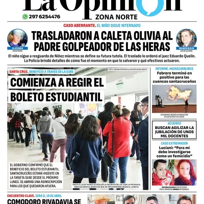 Diario La Opinión Zona Norte tapa edición impresa del viernes 5 de abril de 2024, Caleta Olivia, Santa Cruz, Argentina