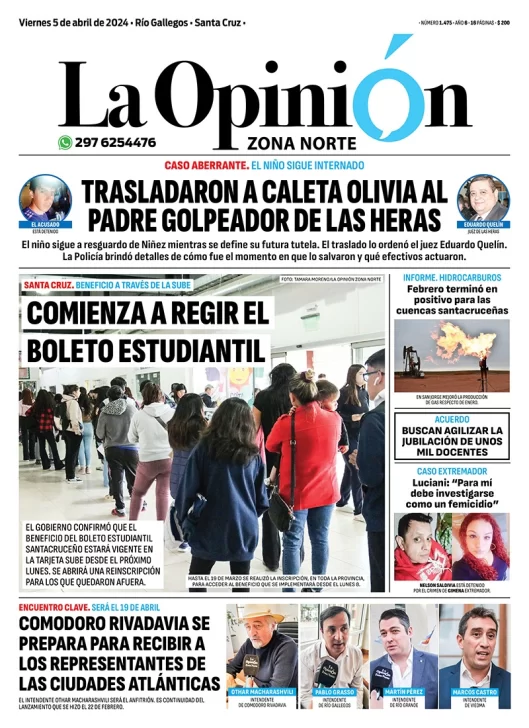 Diario La Opinión Zona Norte tapa edición impresa del viernes 5 de abril de 2024, Caleta Olivia, Santa Cruz, Argentina