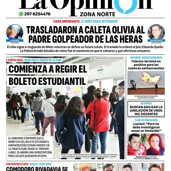Diario La Opinión Zona Norte tapa edición impresa del viernes 5 de abril de 2024, Caleta Olivia, Santa Cruz, Argentina Diario La Opinión Zona Norte tapa edición impresa del viernes 5 de abril de 2024, Caleta Olivia, Santa Cruz, Argentina