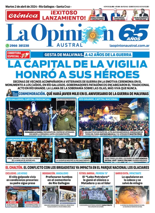 Diario La Opinión Austral tapa edición impresa del martes 2 de abril de 2024, Río Gallegos, Santa Cruz, Argentina