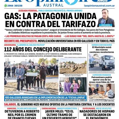 Diario La Opinión Austral tapa edición impresa del martes 23 de abril de 2024, Río Gallegos, Santa Cruz, Argentina