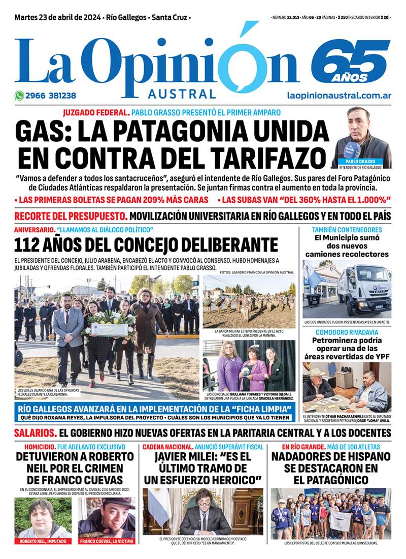 Diario La Opinión Austral tapa edición impresa del martes 23 de abril de 2024, Río Gallegos, Santa Cruz, Argentina Diario La Opinión Austral tapa edición impresa del martes 23 de abril de 2024, Río Gallegos, Santa Cruz, Argentina