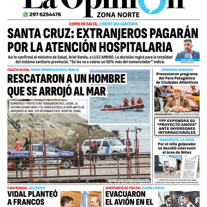 Diario La Opinión Zona Norte tapa edición impresa del miércoles 17 de abril de 2024, Caleta Olivia, Santa Cruz, Argentina Diario La Opinión Zona Norte tapa edición impresa del miércoles 17 de abril de 2024, Caleta Olivia, Santa Cruz, Argentina