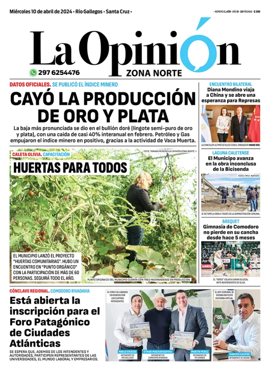 Diario La Opinión Zona Norte tapa edición impresa del miércoles 10 de abril de 2024, Caleta Olivia, Santa Cruz, Argentina