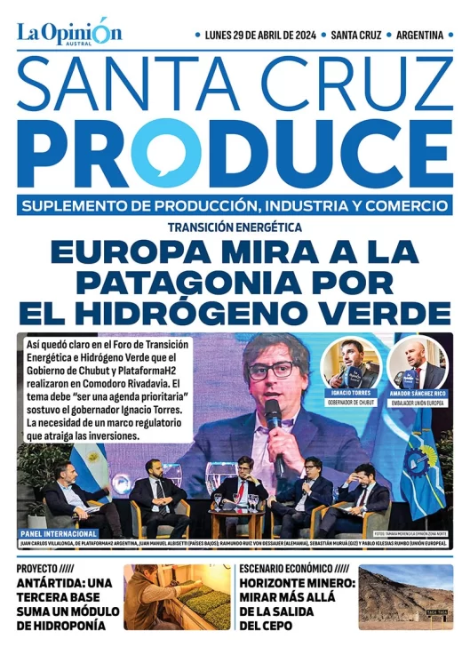 Tapa Suplemento especial de Santa Cruz Produce: Europa mira a la Patagonia por el hidrógeno verde