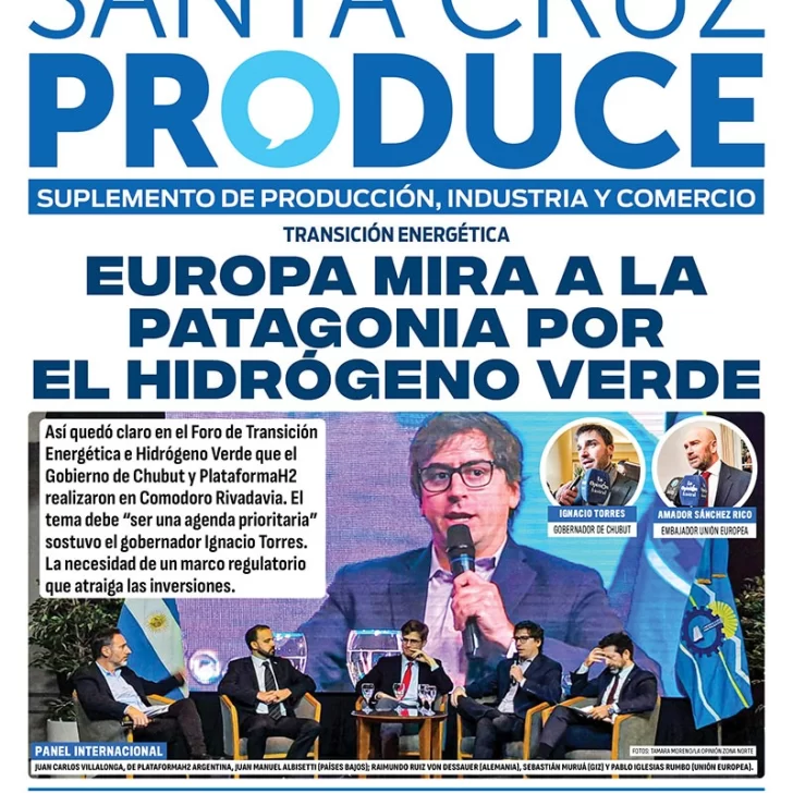 Tapa Suplemento especial de Santa Cruz Produce: Europa mira a la Patagonia por el hidrógeno verde Tapa Suplemento especial de Santa Cruz Produce: Europa mira a la Patagonia por el hidrógeno verde