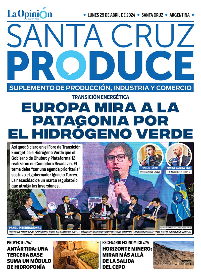 Tapa Suplemento especial de Santa Cruz Produce: Europa mira a la Patagonia por el hidrógeno verde Tapa Suplemento especial de Santa Cruz Produce: Europa mira a la Patagonia por el hidrógeno verde