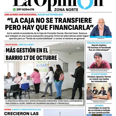 Diario La Opinión Zona Norte tapa edición impresa del martes 9 de abril de 2024, Caleta Olivia, Santa Cruz, Argentina