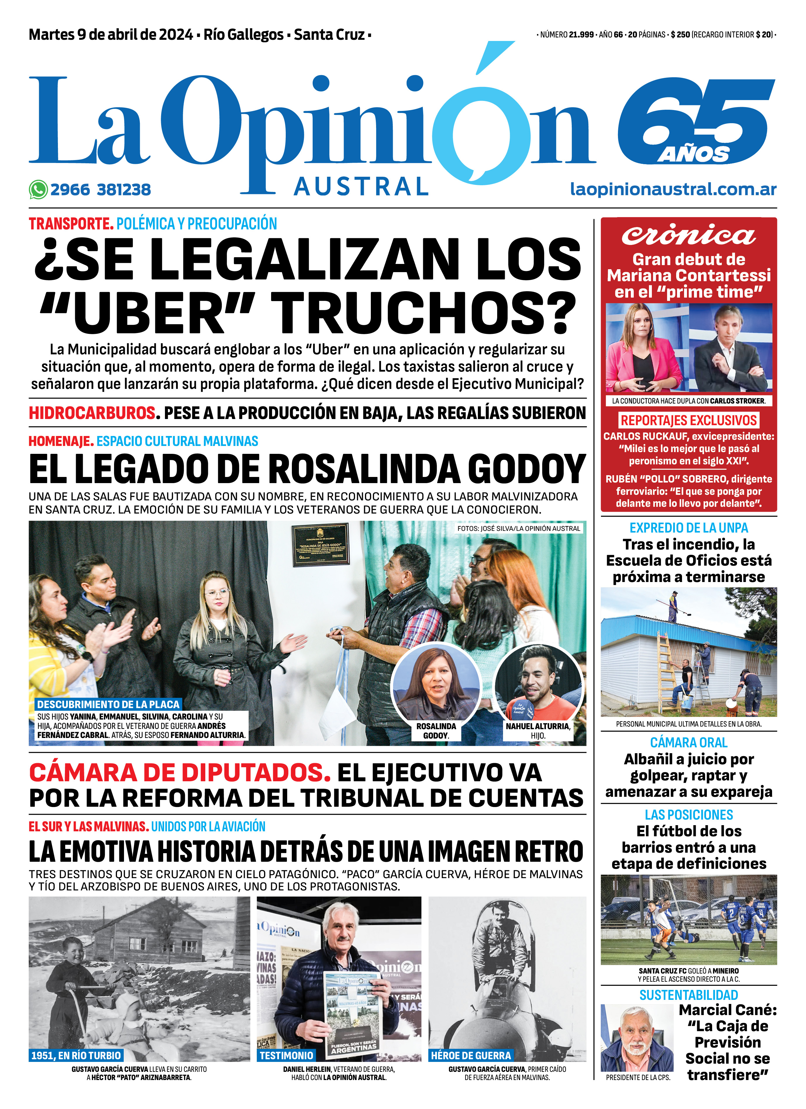 Diario La Opinión Austral tapa edición impresa del martes 9 de abril de 2024, Río Gallegos, Santa Cruz, Argentina