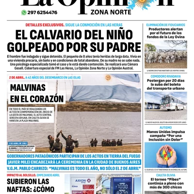 Diario La Opinión Zona Norte tapa edición impresa del martes 2 de abril de 2024, Caleta Olivia, Santa Cruz, Argentina