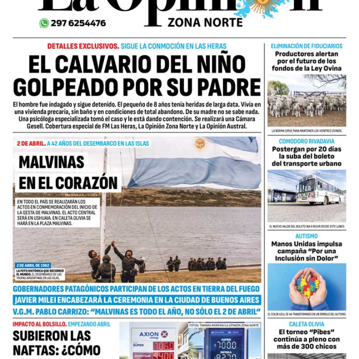 Diario La Opinión Zona Norte tapa edición impresa del martes 2 de abril de 2024, Caleta Olivia, Santa Cruz, Argentina